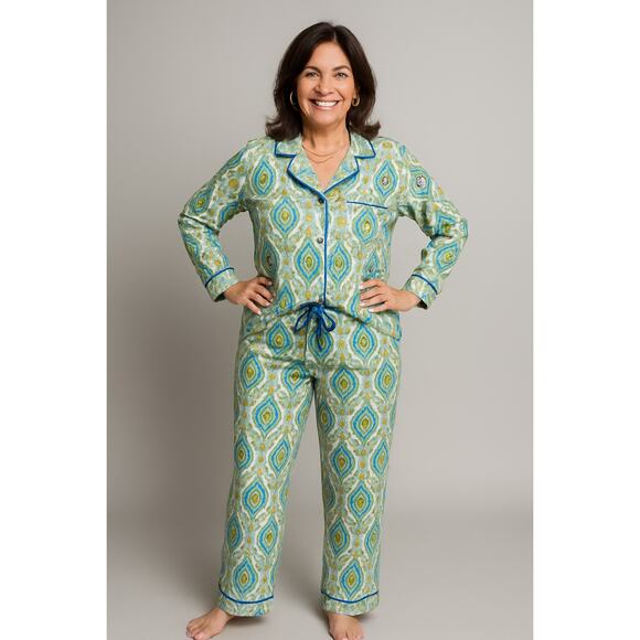 BedHead Other - BedHead Damask Poplin Pajamas Size M Green Blu Cotton Long Sleeve Pants PJs Set